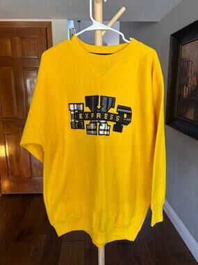 Vintage 90s Express EXP Yellow Crewneck Sweatshirt Plaid Graphic XS Oversized